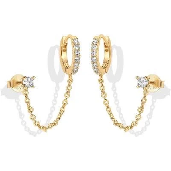 14K Gold Double Piercing CZ & Pearl Stud Huggie Hoops