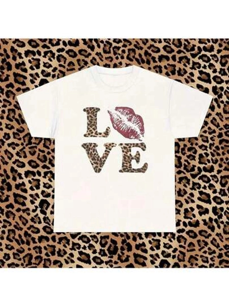 Y2K 2000s Leopard Cheeta Love Kiss Tee-100% Cotton T-Shirt