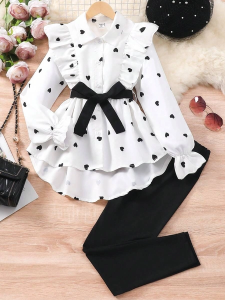SHEIN Tween Girl Casual Cute Heart Print Long Sleeve Shirt With Belt Leggings Set, Spring Autumn School Vacation Black And White Black