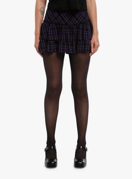 Purple & Black Plaid Tiered Mini Skirt
