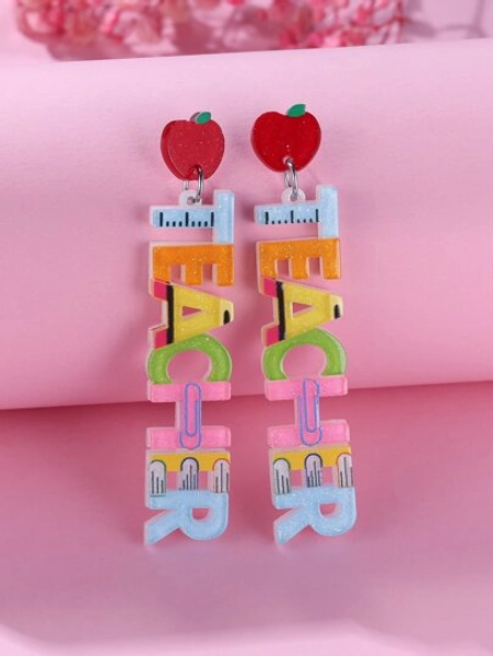 1pair Fresh & Sweet Style Acrylic Apple Shaped Colored Letter Detail Teacher's Day/back To School/graduation Earrings For Women