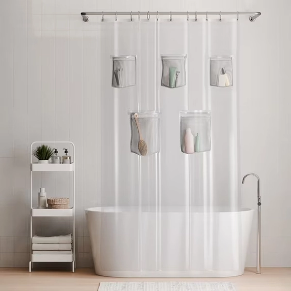 Rubbermaid Clear Heavyweight Waterproof PEVA Shower Curtain Liner with Storage Pockets, BPA-Free, 70 x 72 Inches