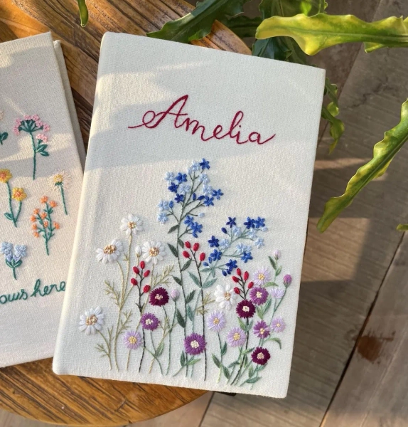 Personalized HAND Embroidered Notebook, Handmade Fabric Notebook, Custom Diary, Daisy Notebook, Fabric Hard Cover Journal, Custom Notebook