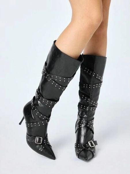 ROMWE Grunge Punk Women's New Pointed Toe Stiletto Heel Studded Knee-High Riding Boots, Black