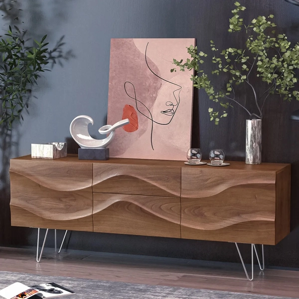 Modern TV Stand with Hairpin Legs, Mid-Century TV Bench with Drawers, Cabinets, Tall-Cast Legs,  62''