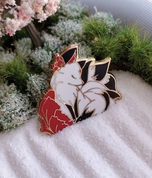 Poppy Kitsune Fox Enamel Pin -- Black And White Red Fox Enamel Pin - 9 Tail Fox