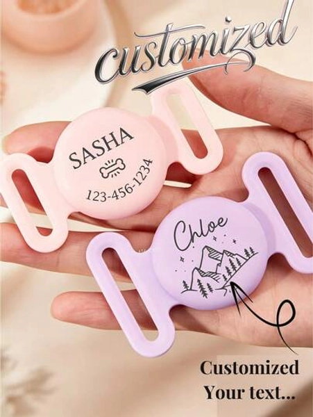 Customized Pet Collar Holder Compatible With AirTag, Sliding Dog Name Tag, Personalized Compatible AirTag Cat Collar, Silicone Silent AirTag Protective Case, Engraved AirTag Protective Case For Dog Collar, 12 Design Templates, Choose Your Dog's Favorite Style - Size 2pcs