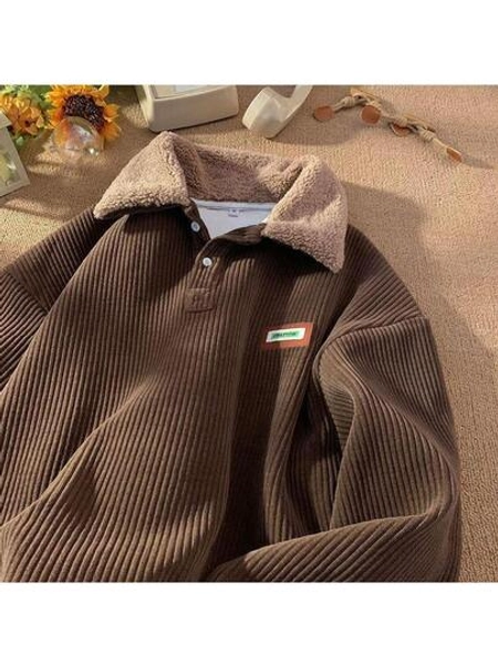 Corduroy Polo Collar Sweater Couple Autumn And Winter Style Plus Velvet Thickened Simple Fashion Lamb Wool Coat Comfort Long Sleeve Clothes Vintage Streetwear Vacation Outfits