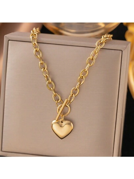 1pc Fashionable Summer Golden Stainless Steel OT Buckle Heart-Shaped Pendant Necklace, Suitable For Women, Versatile Jewelry Accessory Gift, USA, No Gift Box Included Valentines