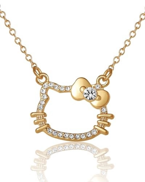 Hello Kitty Necklace For Women with Rhinestones Official License, 16+3.25 Gold-Tone Silhouette Pendant Necklace