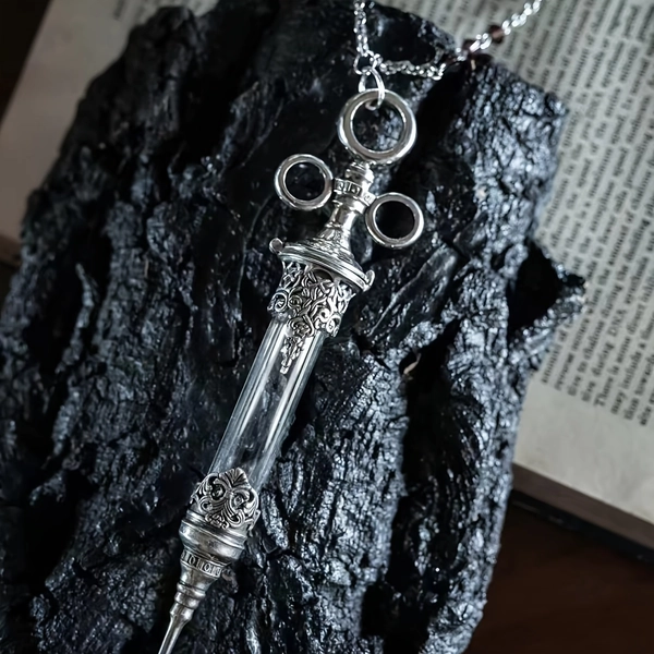 Collar de botella de farmacia medieval en relieve de metal, estilo vintage oscuro con cuentas rojas, accesorio gótico largo y versátil A115