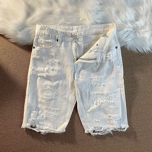 White Ripped Patch Denim  Men's Small Fresh Denim Five-point Pants Elastic Ins Simple Medium Pants Summer Streetwear Shorts - AliExpress 200000343