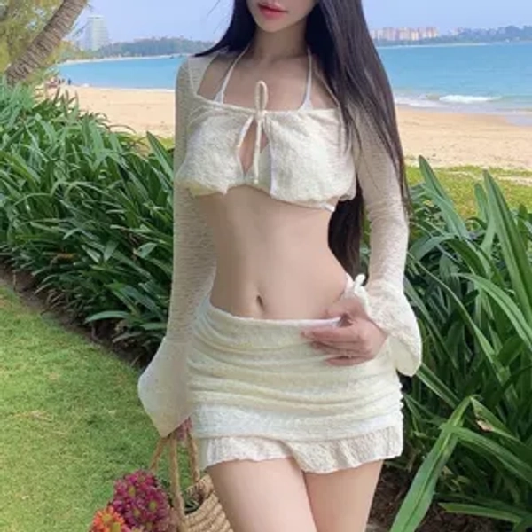 Set: Plain Bikini Top + Bottom + Long-Sleeve Shrug + Cover-Up Skirt