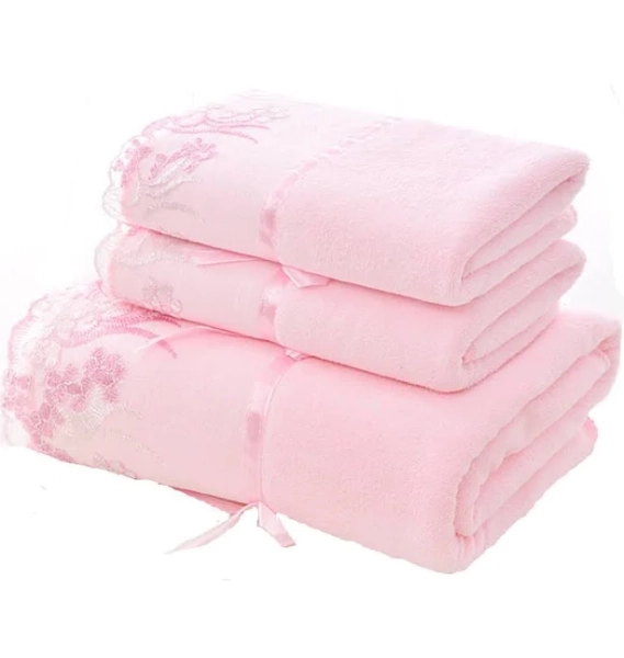 Ukeler Pink Lace Bath Towels Set Soft Hand Towels Cotton Face Towels