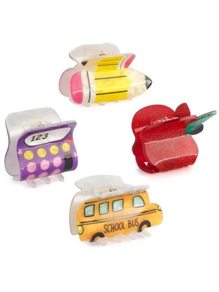 Vovii 4Pcs Pencil School Bus And Apple Calculator Claw Clips For Back To School, Cute Unique Teacher Hair Clips For Funny Teacher Accessories Appreciation Gift