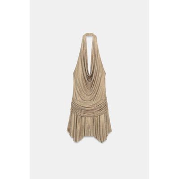 Zara - Sparkly Draped Halter Mini Dress - Bronze - S - Woman