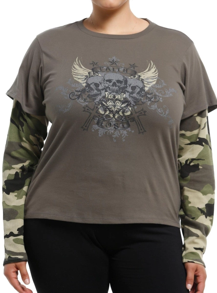 Social Collision Skull Wings Camouflage Girls Long-Sleeve Twofer Plus Size