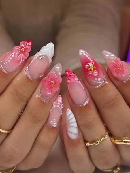 24Pcs/Set Almond Shaped French Manicure 3D Floral Water-Drop Gradient Elegant Reusable Press-On Nails With 1Pc Jelly Gel And 1Pc Nail File, Adding A Romantic Touch For Daily Wear And Dates Nail Supplies Nails