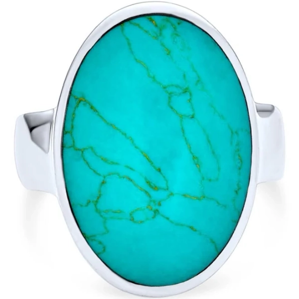 Large Oval Cabochon Stabilized Blue Turquoise Statement Ring Sterling Silver