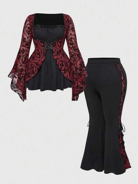 ROMWE Avant 2pcs/Set Women Lace Contrast Color Patchwork Flare Sleeve Top + Flare Pants - Size S