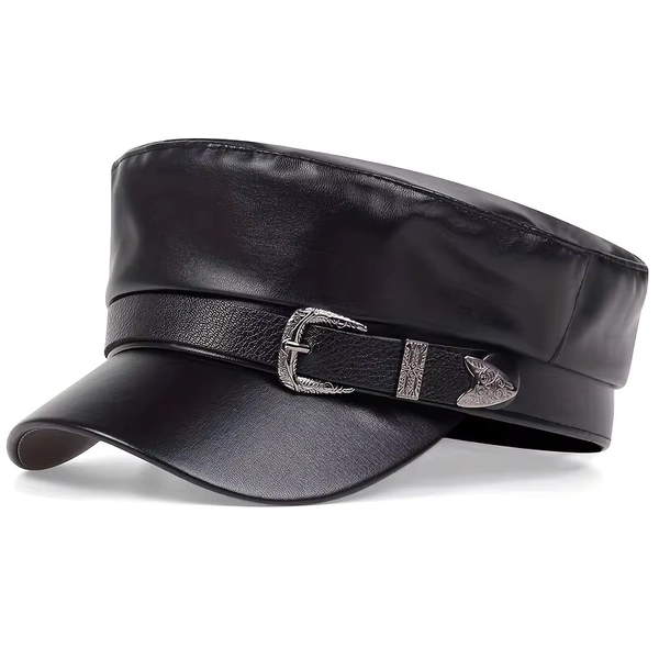 Boina de couro masculina e feminina com fivela de cinto, bonés de marinheiro preto, parte superior plana, bonés de capitão militar, moda feminina, grande, primavera, outono - AliExpress