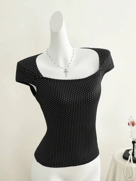Women's Polka Dot Knit Fabric Casual Top Black Summer