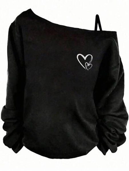 SHEIN LUNE Casual Minimalist Style White Double Heart Graphic Dropped Shoulder Long Sleeve T-Shirt For Women, Versatile For Autumn/Winter