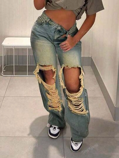 Women's Streetwear Pocket Casual Elegant Commuting Athletic Young Distressed Relaxed Straight Leg Washed Denim Jeans
