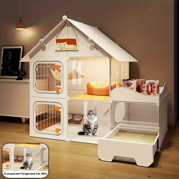 Small Animal Pet Cage, Indoor Cat Cage with Litter Box, Outdoor Cat House with a Roof, Cat Playpen, Small Animal Dog Cage with a Storage Rack for Conveniently Placing Pet Snacks, Suitable for Keeping Various Small Animals.