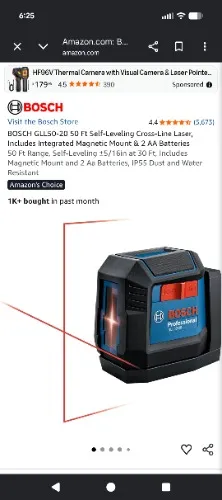 Amazon.com: BOSCH GLL50-20 50 Ft Self-Leveling Cross-Line Laser, Includes Integrated Magnetic Mount & 2 AA Batteries : Tools & Home Improvement