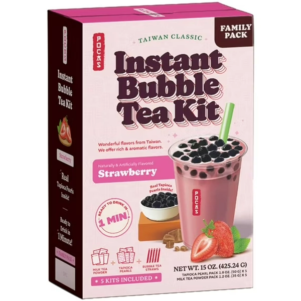 Pocas Bubble Tea Kit, Strawberry - Instant Milk Tea Powder with Authentic Tapioca Pearls for Instant Bubble Tea, 5 Kits Per Carton, 15 Oz