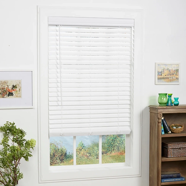 allen + roth Trim at Home 2-in Slat Width 34-in x 64-in Cordless White Faux Wood Room Darkening Horizontal Blinds