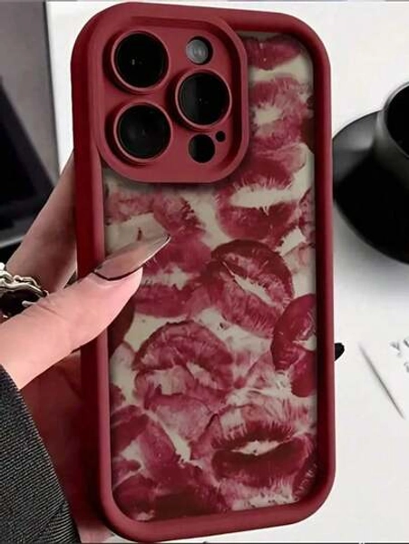 1pc Gray Background Black Lips Shock Absorbing Protective Phone Compatible With 15/15 Pro/14/13/12/11//8/XS/11 Pro Waterproof Anti-Fall Scratch Resistant