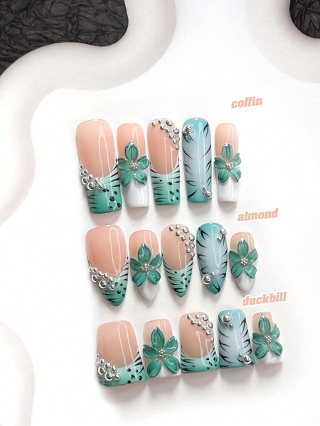 10pcs Exquisite Handmade Press-On Nails, Polygel Nail Art Set, Green Five-Petal Flower Design, Green Nail Polish, Fresh Style, Includes Nail Tools, 3 Sizes Available, Almond Shape, Duck Shape, Coffin Shape, Suitable For Party, Dancing, Daily Wear