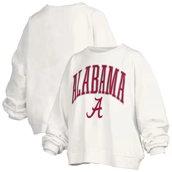 Alabama Crimson Tide Pressbox Women's Janise Arch Over Logo Waist Length Oversized Pullover Sweatshirt - White