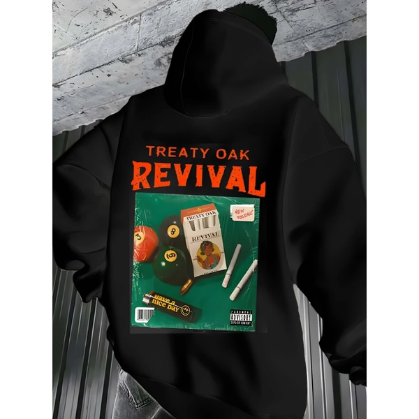 1pc Men's Treaty Oak Revival Retro 70s Music Graphic Hoodie - Vintage Vinyl Record & Leaf Print Sweatshirt, Loose Fit Polyester Knit Pullover with Drawstring Hood & Front Pocket for Casual Fall/Winter Wear (Black)