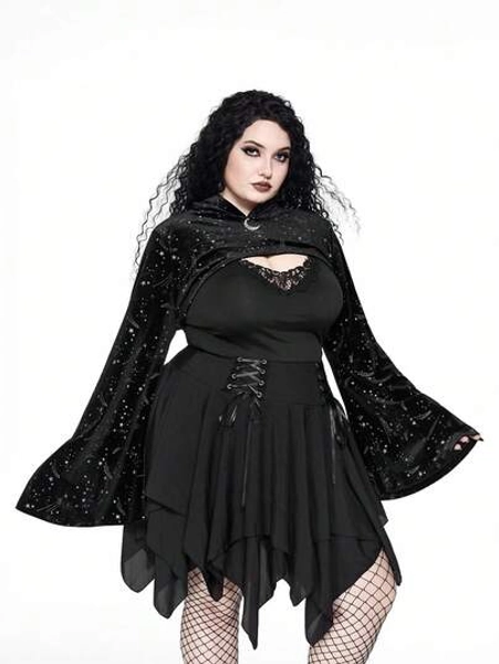 Plus Size Gothic Star & Moon Glitter Fleece Embellished Cropped Elegant Shiny Jacket For Autumn, Plus Size Women Autumn/Winter Black Hooded Cropped Long Sleeve Sweatshirt, Plus Size Black Hoodie Sweatshirt For Autumn/Winter, Gothic Style Cropped Top For Christmas