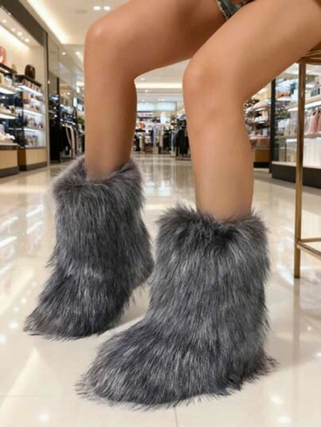 Women's Faux Fur Boot Furry Fluffy Round Toe Suede Winter Comfy Plush Warm Short Outdoor Indoor Flat Shoes Mid-Calf Boots Fashion Boots