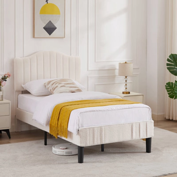Lark Manor™ Alair Teddy Fabric Upholstered Platform Bed Frame with Height-Adjustable Headboard, Noise-Free Storage Design, No Box Spring Needed— Twin / Full / Que