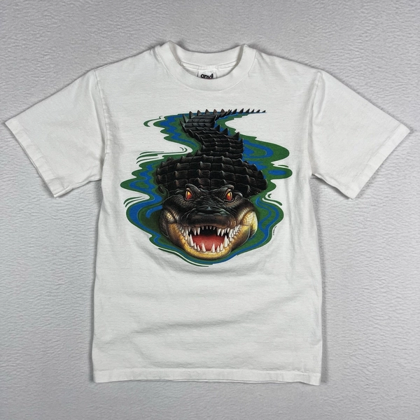 Vintage 90s Human-I-Tees Alligator Crocodile White Shirt Size Small Made in USA