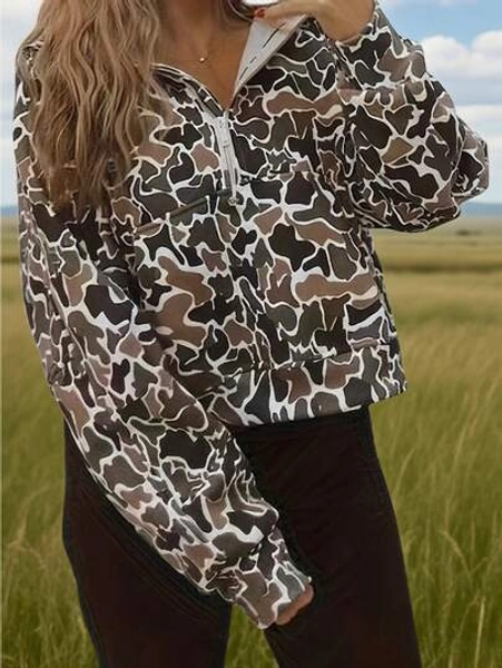 Y2k Camo Hoodie, Loose-Fitting Half-Zip Sweatshirt With Long Sleeves And Pockets, Is An Ideal Choice For Women's Daily Outdoor Wear