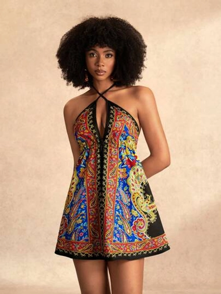 Zivah Black,Summer,Boho,Holiday,Vacation,Holiday Women's Cross Halter Neck Deep V-Neck Backless Pattern Printed A-Swing Mini Dress For Beach Music Festival - Size L