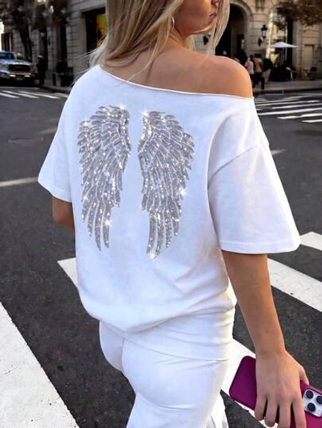 Sequin Embroidered Angel Wings Asymmetrical Shoulder Loose T-Shirt, Oversized Y2K Style Graphic Tees For Women Casual White Summer