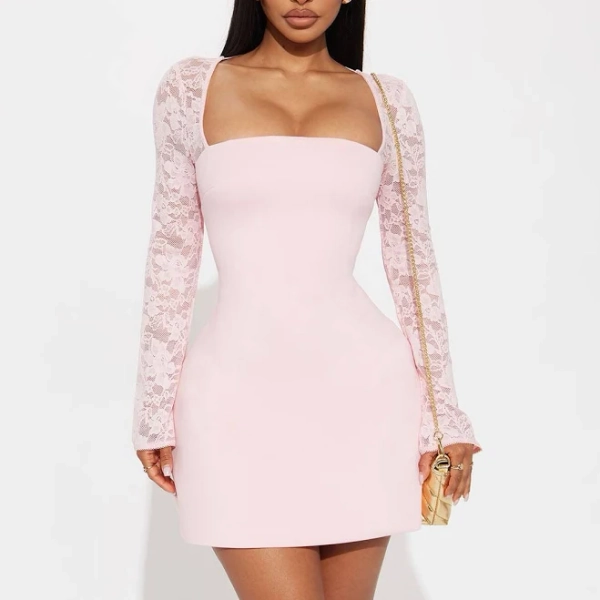 Fashion Nova Contrast Trim Tie Back Scuba Square Neck Delia Lace Mini Dress