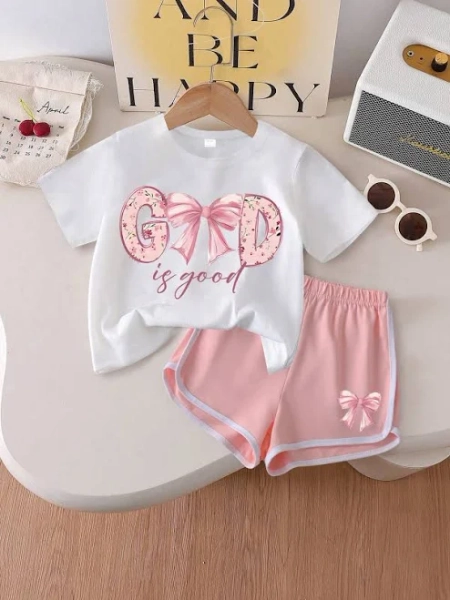 SHEIN Girls' Cute Bow Printed Short-Sleeve T-Shirt + Shorts Set