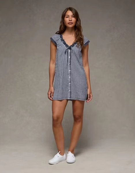 AE V-Neck Ruffled Button-Up Mini Dress