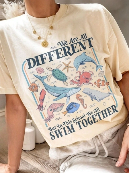 We All Swim Together Shirt, Teacher Back To School Shirt , Ocean Animal Classroom Shirt, Underwater Turtle Outfit 100% Cotton Oversized Short Sleeve Classic Heavy Cotton T Shirt Printed Graphic Tee Women's Casual Short-Sleeved Top