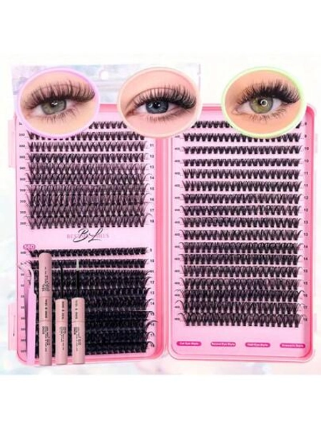 740 Cluster DIY Eyelash Book Kit, Including Adhesive And Sealant, Tweezers, Reusable Lightweight Eyelashes, Perfect Makeup Gift For Beginners (30D+40D+50D 9-18mm Mix)