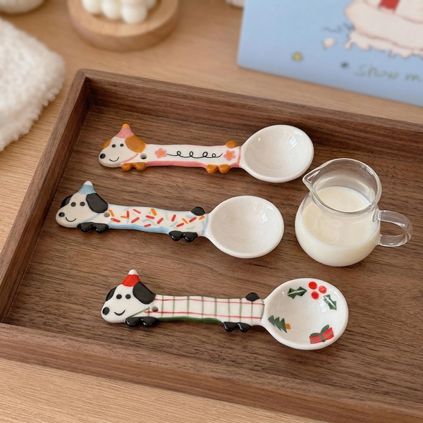 Handmade Ceramic Dachshund Spoon, Creative 3D Dog Cereal Dessert Stirrer