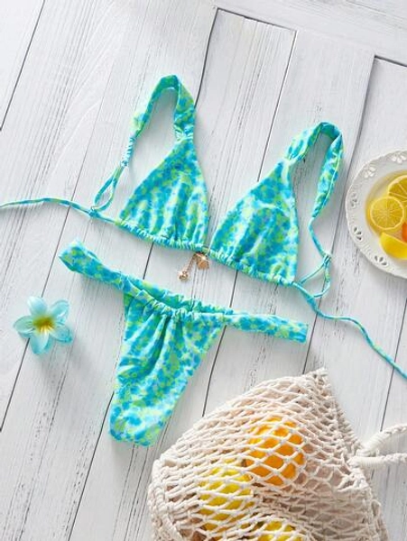 Swim Mod 2026 Spring/Summer Fashion Printed Adjustable Strap Bikini Set With Pendant, Sexy Backless Beach Swimwear